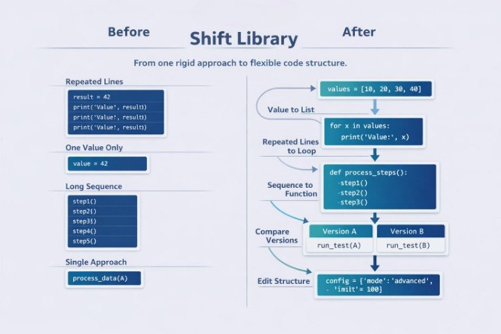 Diagram showing a shift from rigid to flexible code structure using a library.