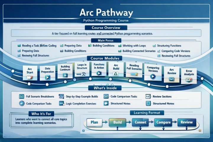 Course overview of an Arc Pathway Python Programming Course with various modules and topics.