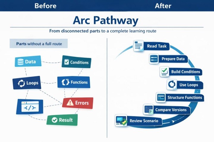 Comparison of 'Before' and 'After' diagrams for Arc Pathway with blue and red elements.