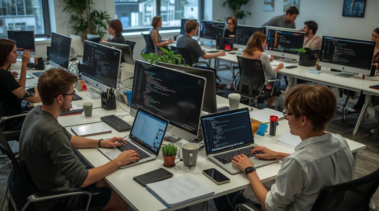 People working on laptops in a modern office setting with large windows.