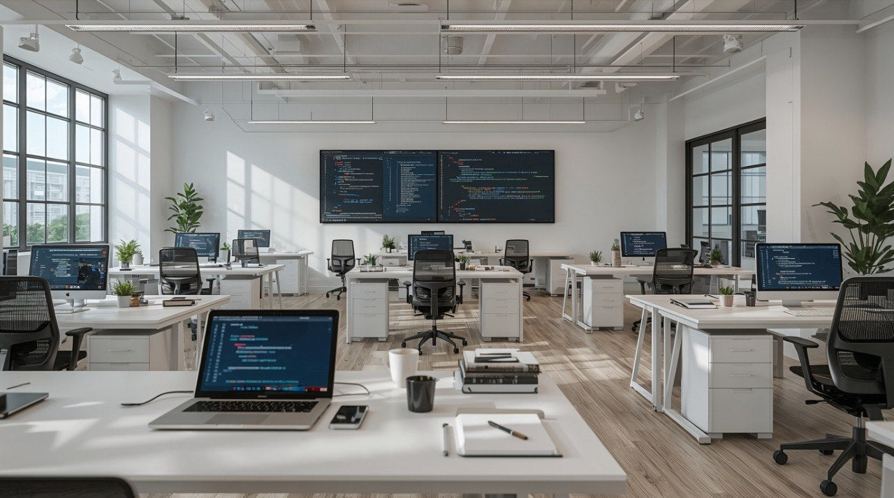Modern office space with desks, chairs, and computer monitors.