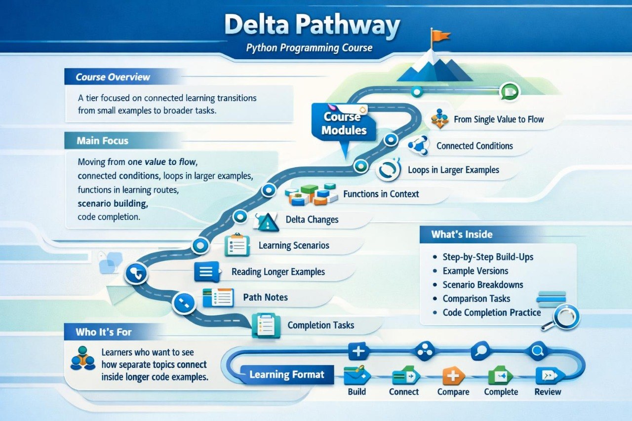 Diagram of a Python programming course pathway with various modules and features.