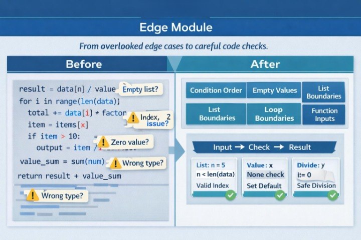 Edge module for code checks with before and after comparison on a blue background
