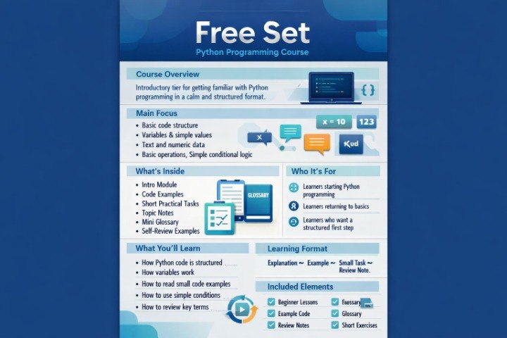Free Set Python Programming Course overview on a blue background
