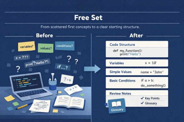 Educational diagram showing code structure development from scattered concepts to a clear starting structure.