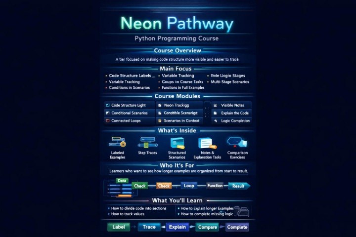 Neon Pathway Python Programming Course Overview on a dark background