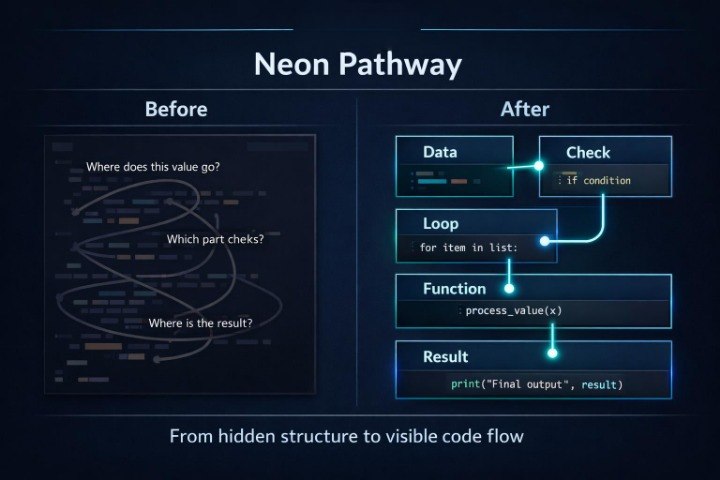 Diagram showing a transition from a hidden structure to visible code flow titled 'Neon Pathway'.
