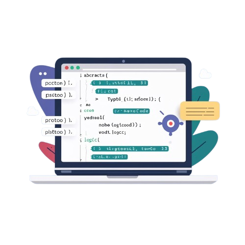 Laptop with code on screen surrounded by abstract shapes and elements